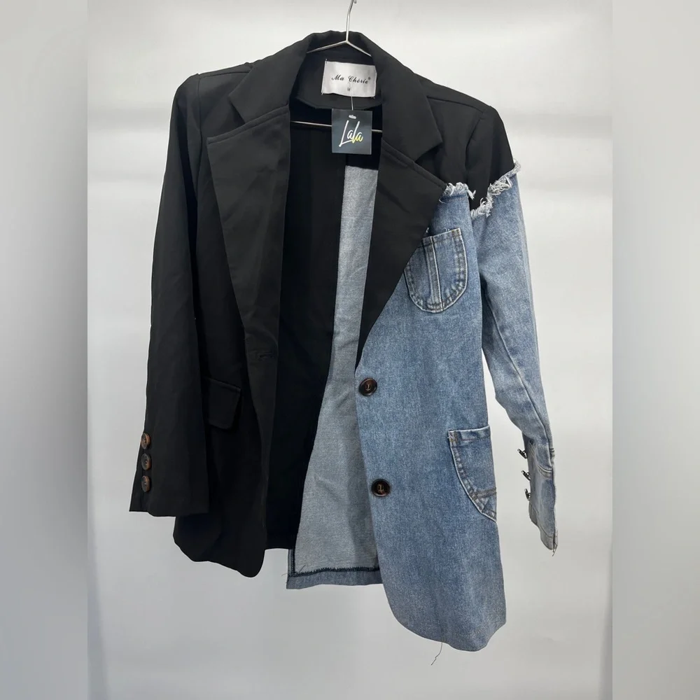 Women’s Jacket - Dressed in LALA Black and Denim Patchwork Blazer Size Medium - Picture 4 of 7